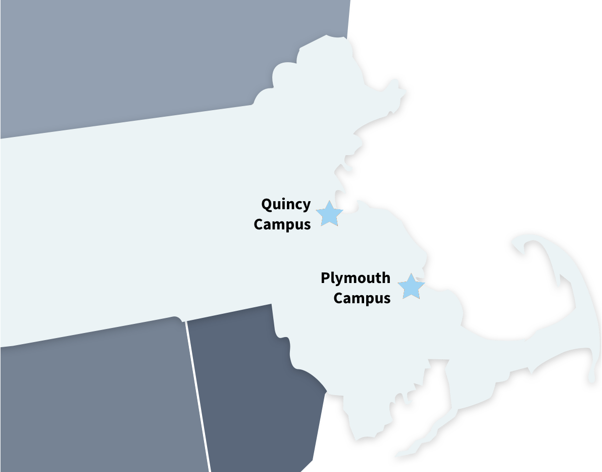 A map showing Quincy College's 2 Locations: Quincy, and Plymouth